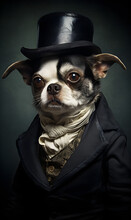 Portrait Of Dog Dressed In Victorian Era Clothes, Confident Vintage Fashion Portrait Of An Anthropomorphic Animal, Posing With A Charismatic Human Attitude