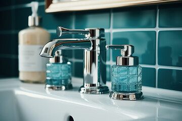 Close-up bathroom blue design, chrome faucet and sink