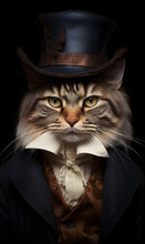 Portrait Of Cat Dressed In Victorian Era Clothes, Confident Vintage Fashion Portrait Of An Anthropomorphic Animal, Posing With A Charismatic Human Attitude