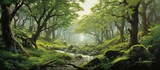 Fototapeta  - In the heart of the vast forest, a breathtaking landscape unfolded where the majestic trees, adorned in vibrant hues of green, painted a stunning and exquisite picture of nature's beauty, creating an