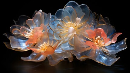 Wall Mural - translucent 3d flower sculptures emerging from an energetic whirlwind, their luminescent petals refl