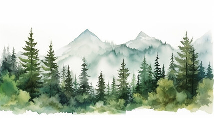 Canvas Print - Mountains forest nature landscape. Watercolor