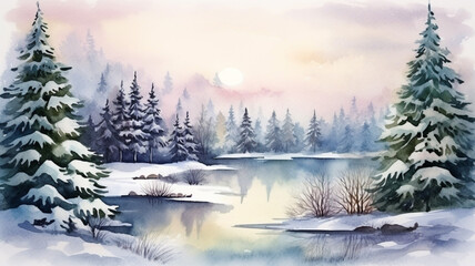 Wall Mural - Winter background landscape with fir tree and lake panoramic