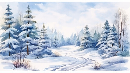 Canvas Print - Winter colorful landscape of snowy forest Hand draw