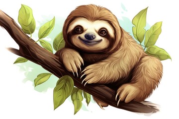 Wall Mural - Funny sloth in nature. Drawn cartoon animal illustration.