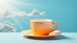 Fototapeta  - Sun and white cup on blue background, good morning concept. Generative Ai