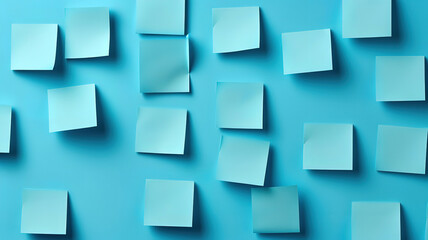 Wall Mural - laptop computer with many sticky notes on a blue background flat lay. generative ai
