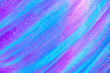 Beautiful purple, mint blue transparent wave pattern glitter slime gel background texture. Glittery shiny diamond dust, soft dreamlike brushstrokes. Abstract magic rainbow backdrop with neon sparkles