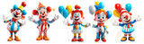 a set of birthday clowns in png 3d format, isolated on a transparent background. A festive element for greeting cards, banners, invitations, flyers, stickers. Children's holiday symbol