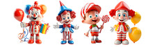 A Set Of Birthday Clowns In Png 3d Format, Isolated On A Transparent Background. A Festive Element For Greeting Cards, Banners, Invitations, Flyers, Stickers. Children's Holiday Symbol