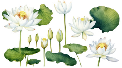 Wall Mural - White lotus set, watercolor botanical illustration Hand-drawn floral illustration isolated on a white background isolated on white or transparent background