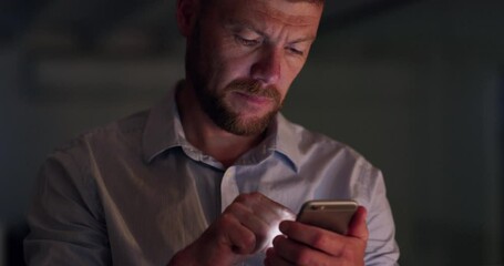 Wall Mural - Night at work, businessman with smartphone and search online for email, website or social media post. Internet, scroll and networking, professional man checking mobile app on phone in dark office.