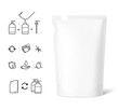 Pouch bag with torn corner with set icons. Vector illustration. Perfect for final pack shot. Can be use for refilling soap, liquids. The corner is easy to tear off by hand. EPS10.