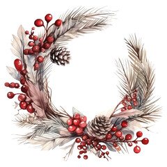 Wall Mural - Watercolor Christmas Wreath, isolated transparent background