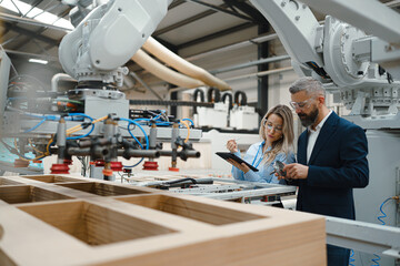 Sticker - Female engineer and male project manager standing in modern industrial factory, talking about production of wooden furniture. Big furniture manufacturing facility with robotics and automation.