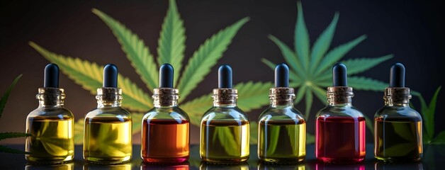 Poster - AI generated illustration of of cannabis oil bottles with green cannabis leaves in the background