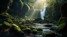 A Serene Waterfall In A Moss-covered Gorge With The Sun Casting A Soft Glow