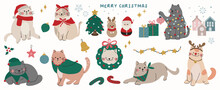Merry Christmas And Happy New Year Concept Background Vector. Collection Drawing Of Cute Cat With Decorative Scarf, Hat, Wreath. Design Suitable For Banner, Invitation, Card, Greeting, Banner, Cover. 