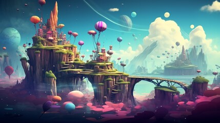 Wall Mural - A surreal digital illustration featuring floating islands and whimsical creatures in a vibrant, otherworldly landscape.