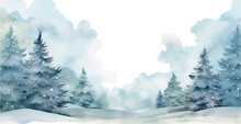 Vector Watercolor Background Winter Forest Trees, Snow, For Design