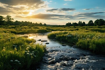 Wall Mural - Netherlands landscape with meadows and river.  Generative AI Art. Beautiful view.