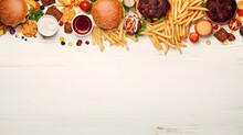Selection Of Take Out And Fast Foods Corner Border Background.