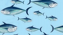 Tuna Fish Seamless Pattern On A Blue  Background.