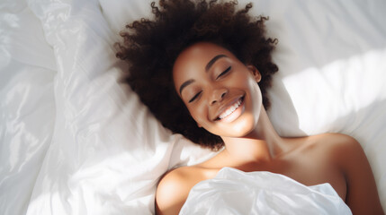 Sticker - Black African American woman 20 yo in a white clothes laying down on white bed with white blanket, happily sleeping