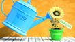 Trust grows connection. A metaphor in which trust is the power that makes connection to grow. Same as water is important for flowers to blossom.,3d illustration