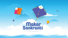 Happy Makar Sankranti With Colorful Kites Flying Cloudy Sky, Background