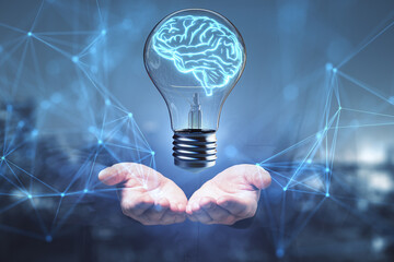Wall Mural - conceptual brain in a bulb with digital network background. creativity in technology