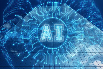 Digital brain with AI lettering representing artificial intelligence on a global network background