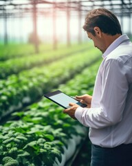 Sticker - Man using tablet in greenhouse. Generative AI.