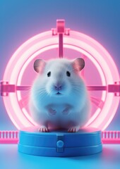 Wall Mural - A hamster is sitting on top of a blue wheel. Generative AI.