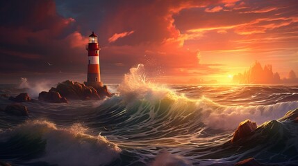 Wall Mural - A coastal lighthouse with the sun setting behind it, casting a warm glow, with crashing waves