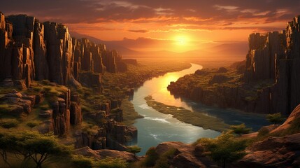 Wall Mural - A beautiful river winding through a canyon as the sun sets in the distance, with a suspension bridge