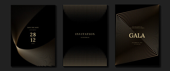 Luxury invitation card background vector. Golden elegant geometric shape, gold line gradient, halftone on dark background. Premium design illustration for gala card, grand opening, party invitation.