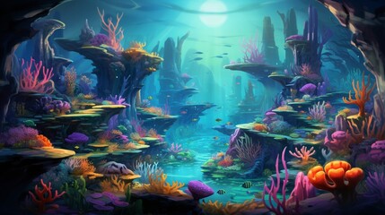 Sticker - A digital illustration of a fantastical underwater world with vibrant coral reefs and exotic sea creatures.
