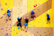 © Dmitry - A group of climbers athletes compete in a high-speed ascent of a steep wall. Sports events at the climbing wall. Unrecognizable person
