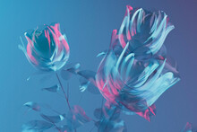 3D Render Of Glass Blooming Roses Against Blue Background