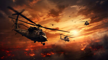 Military Helicopters, Forces And Tanks In Plane In War At Sunset. Generative Ai.
