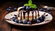 Chocolate cheesecake with blueberries and mint on a dark background, Piece of cheesecake with blueberries and chocolate sauce on wooden background