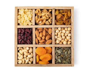 Poster - dried fruits and tasty nuts on white background