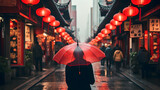 Fototapeta Fototapeta uliczki - People woman walking in chinatown shopping street. Rainy day girl tourist under red oriental umbrella in narrow alleys on china travel in Shanghai. generative ai.