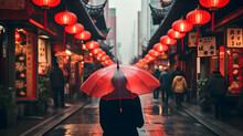 People Woman Walking In Chinatown Shopping Street. Rainy Day Girl Tourist Under Red Oriental Umbrella In Narrow Alleys On China Travel In Shanghai. Generative Ai.