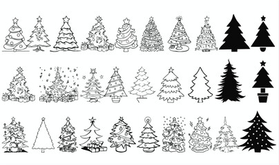 Wall Mural - set christmas tree icons. Vector illustration of doodle style, Christmas tree black and white symbols, Fir tree line drawing, Holiday design elements are isolated on white. happy New Year party