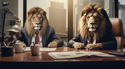 Wall Mural - serious lions face each other in a office setting