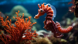 Fototapeta  - Red long-snouted seahorse - Hippocampus guttulatus. generative ai.