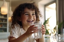 water day, beautiful happy girl drinking a glass of water to start the day in the kitchen