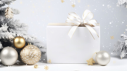 Wall Mural - Christmas background in white colors with white Christmas gift box with frame for text, gold plated Christmas balls and glitter Christmas promotional card